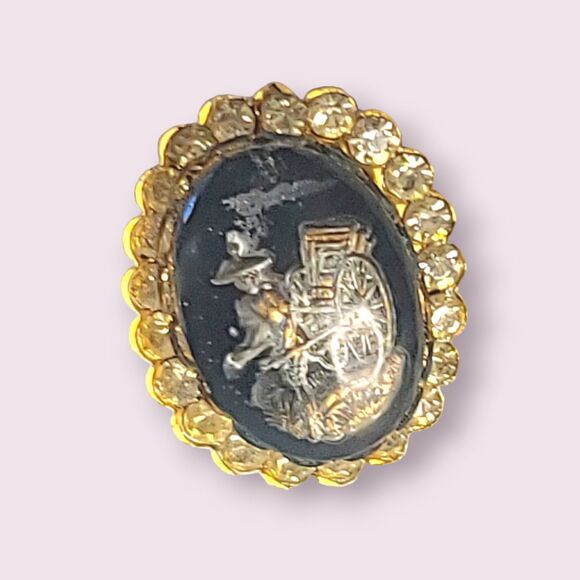 VTG Gold Tone Rhinestone Man Pulling Rickshaw Cart Glass Brooch Pin Estate - Picture 4 of 5